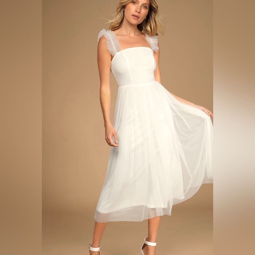 Lulus Divine Invitation White Tulle Swiss Dot Ruffled Midi Dress